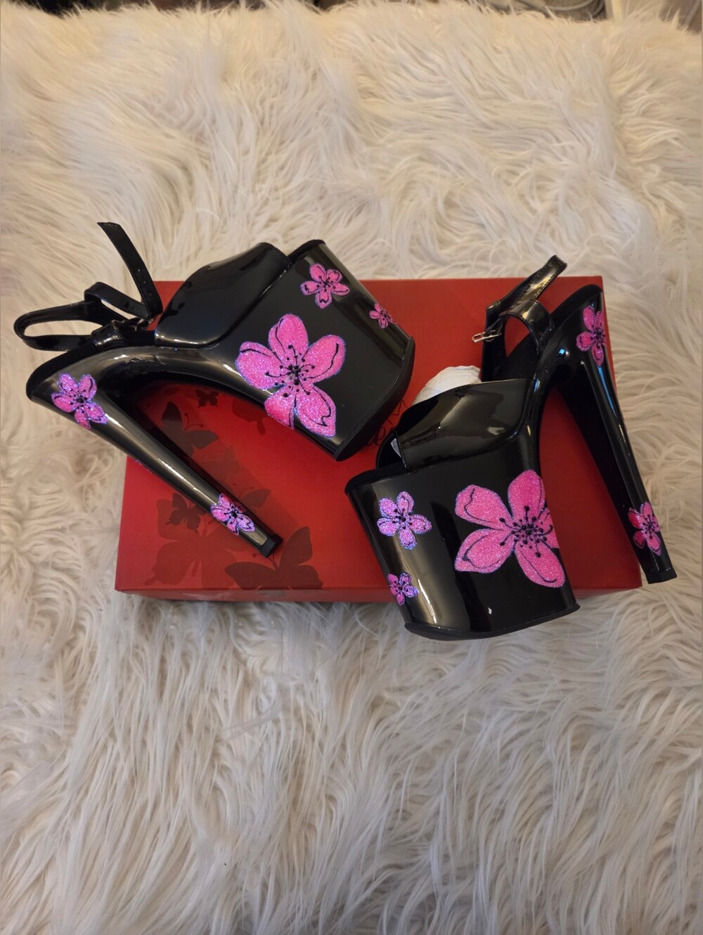 Pink and Black Floral Black Light Glow Pleaser Heels 8 Inch XTREME-809HB Sz 9